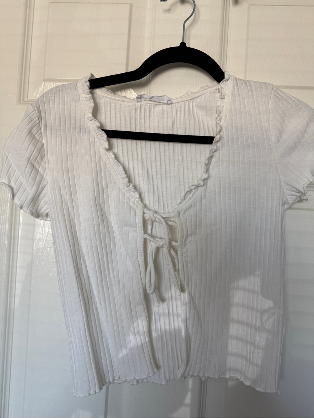 Elodie White Ribbed Tie-Front Crop Top